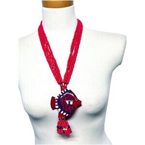 Vintage Large Carved Wood Fish Pendant Necklace 4 Strand Beaded Red White & Blue